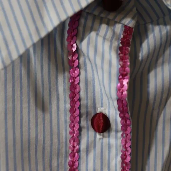 Bell Fine Garments Vintage Striped Button Down Ruffle Sleeve Sequin Trim Shirt 1 - Picture 6 of 12